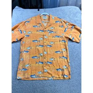 Columbia Sportswear Mens Hawaiian Shirt Orange Fish Print Silk Size L